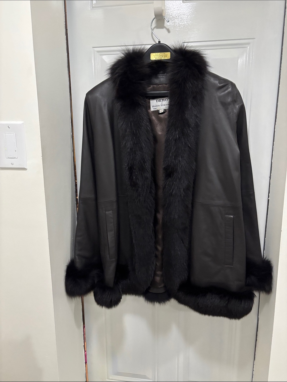 Black Leather Jacket with Fur Trim - Women's Coat